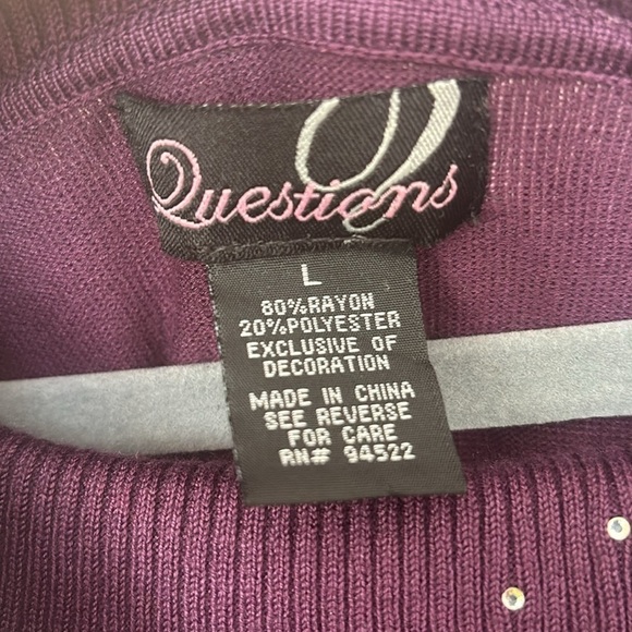 3 for $10 Questions Deep Purple Rhinestone Trimmed Tunic length Sweater Size L - Picture 5 of 9